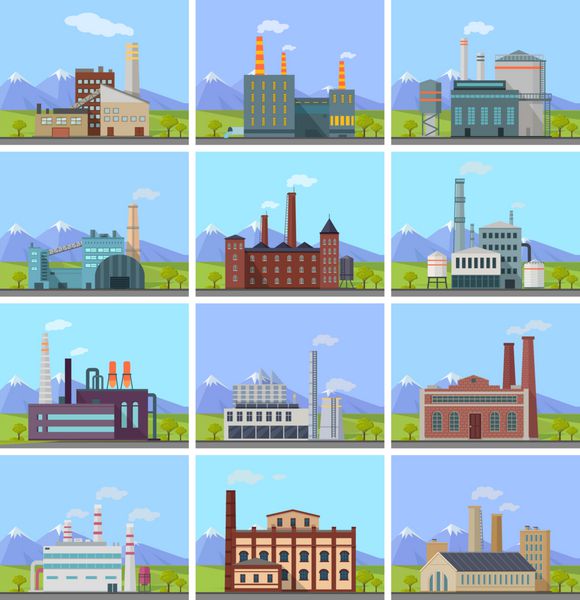 مجموعه ای از آگهی ها ساخت کارخانه ساخت کارخانه با لوله های چشم انداز کوهستانی طبیعت کارخانه صنعتی با لوله کارخانه با دودکش دودکش تولید زیست محیطی مفهوم آلودگی هوا