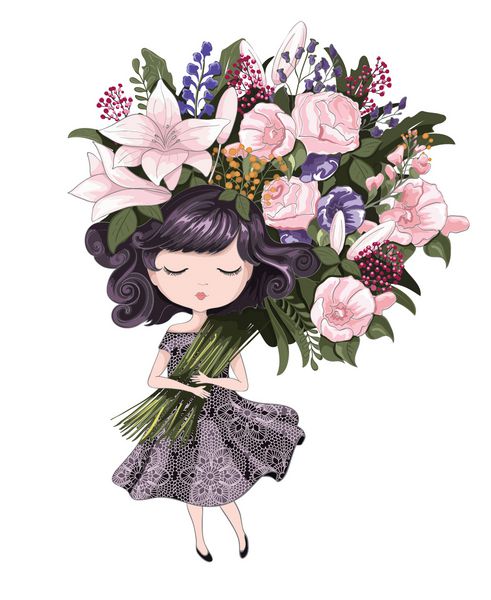 دختر ناز با گل تصویر بچه برای کتاب های مدرسه و moreT-shirt graphiccartoon charactervintage کارت پستال