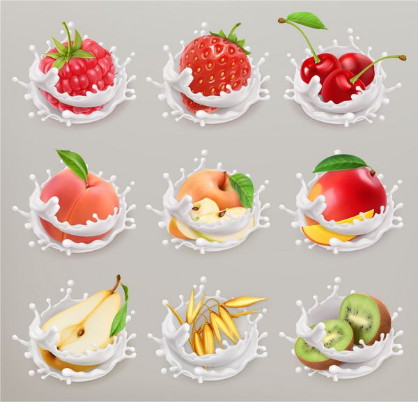 میوه انواع توت ها و ماست توت فرنگی تمشک گیلاس گلابی هلو سیب انبه کیوی دانه مجموعه آیکون 3d مجموعه 1