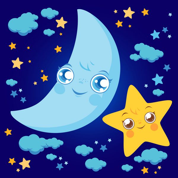 آسمان در شب ستاره های ماه کارتون و ابرها