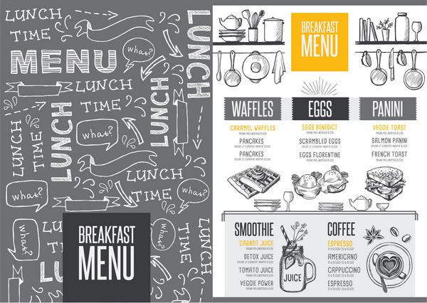 منوی صبحانه بروشور غذای رستوران طراحی قالب آرشیو شام خلاقانه خلاق با گرافیک دست کشیده شده