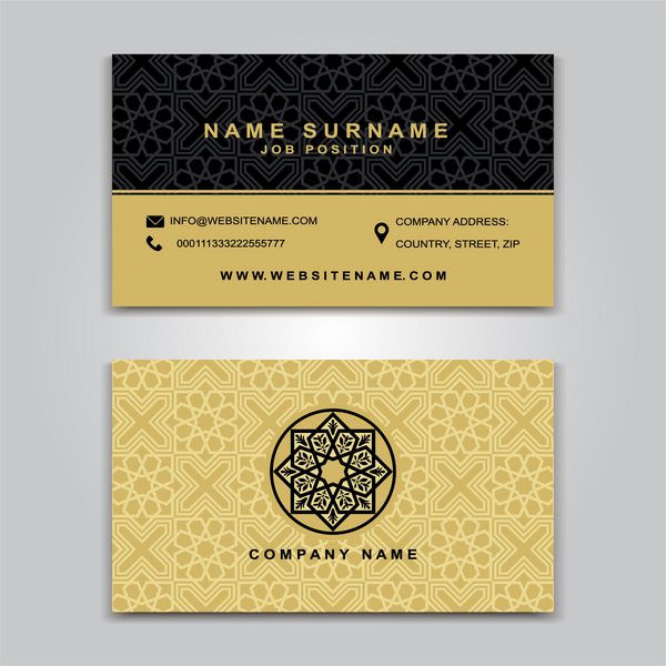طرح خلاق تجاری کارت سبک اسلامی نمونه های جلو و عقب قالب های لوکس در رنگ های کلاسیک طرح خالی برای ایده شما