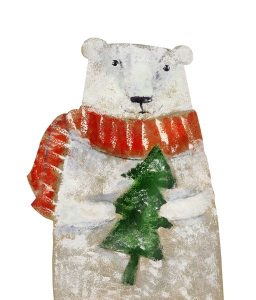 خرس قطبی با درخت کریسمس تصویر نقاشی دست
