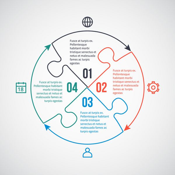 قالب کسب و کار infographic با آیکون خط عناصر پازل برای 4 گزینه قطعات مراحل فرآیندها