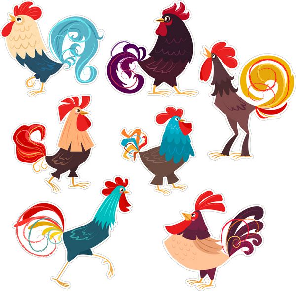 Set of stylized roosters Vector illustration of roosters symbol of 2017 on the Chinese calendar Stickers for New Year