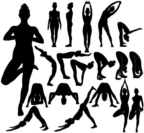 Silhouettes از دختر جوان باریک تمرین تمرین کشش یوگا اشکال زن انجام ورزش تناسب اندام یوگا ایستاده در طبقه مجموعه ای از موقعیت یوگا توالی عضلات یوگا