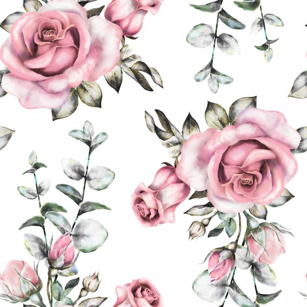الگوی بدون درز با گل صورتی و برگ در زمینه سفید الگوی گل آبی رنگ گل رز در رنگ پاستا الگوی بدون درز گل برای کاغذ دیواری کارت و یا پارچه
