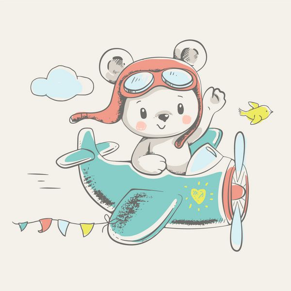 خرس کوچولو پرواز بر روی یک تصویر کارتونی هواپیما کشیده تصویر برداری می توان برای چاپ تی شرت کودک طراحی چاپ مد بچه ها هدایای جشن تولد نوزاد و کارت دعوت استفاده می شود