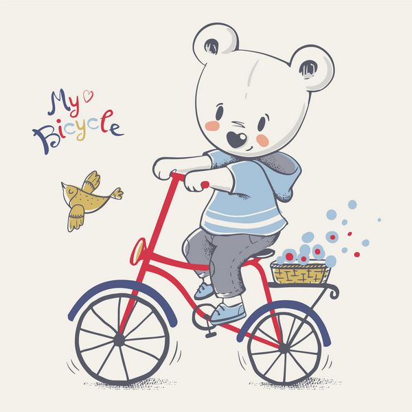ناز کمی خرس سوار یک دوچرخه کارتون دست کشیده تصویر بردار می توان برای چاپ تی شرت کودک طراحی چاپ مد بچه ها هدایای جشن تولد نوزاد و کارت دعوت استفاده می شود
