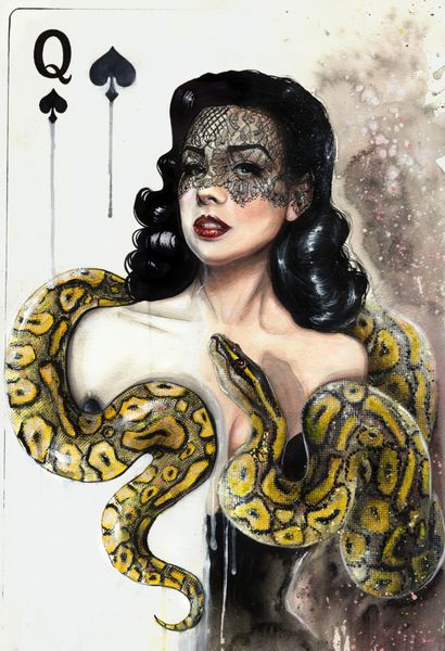 نقاشی آبرنگ یک زن زیبا با مار زرد به عنوان کارت ملکه Anaconda boa Burlesque