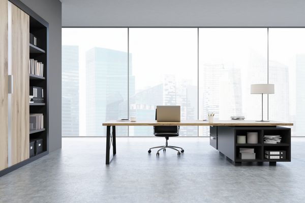 نمایش یک دفتر مدیر عامل با درب های چوبی بزرگ پنجره های پانوراما میز چوبی بزرگ و یک قفسه کتاب رندر 3d مدل آزمایشگاهی ماکت