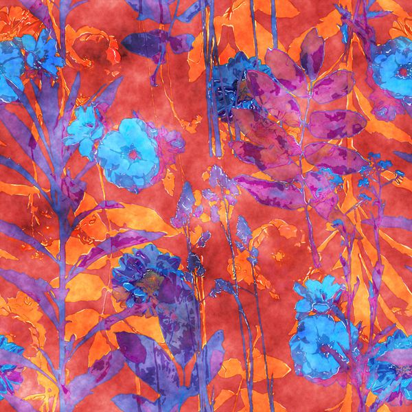 الگوی بدون درز گل آبرنگ گلدار با گل رز آبی تک رنگ peonies آستر برگ و گیاهان در پس زمینه قرمز و نارنجی