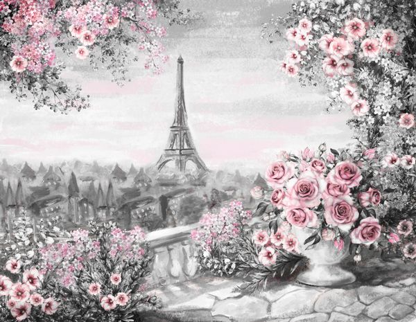 نقاشی نفت تابستان در پاریس چشم انداز شهرستان ملایم گل رز و برگ نمایش از بالکن بالا برج ایفل فرانسه تصویر زمینه آبرنگ هنر مدرن خاکستری و صورتی