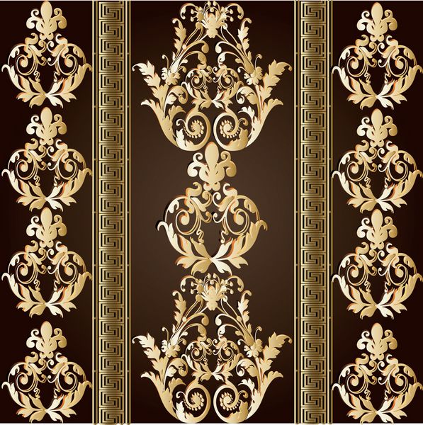 الگوی بدون درز باروک با نوارهای عمودی و عتیقه تزئینی قرون وسطایی طلا 3d decorElegant تصویر زمینه بافت بردار لوکس