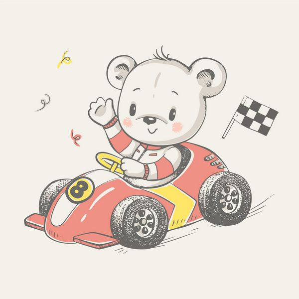 خرس کوچک خرس رانندگی ماشین کارتون دست کشیده تصویر بردار می توان برای چاپ تی شرت کودک طراحی چاپ مد بچه ها هدایای جشن تولد نوزاد و کارت دعوت استفاده می شود