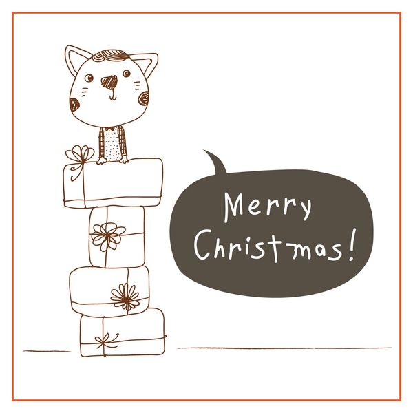 کارت تبریک کریسمس مبارک با گربه دست کشیده سبک دست کشیده فصلی بردار برای بچه ها