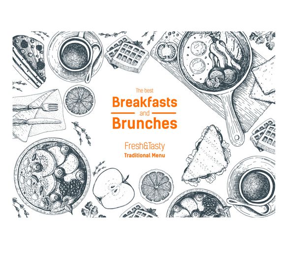صبحانه و ناهارخوری قاب بالای دید طراحی منو غذا بردار دست نقاشی بردار تغذیه ی خوب