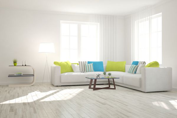 اتاق مدرن سفید با مبل طراحی داخلی اسکاندیناوی تصویر 3D