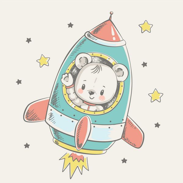 خرس کوچک خرس پرواز در یک کارتون موشک کشیده تصویر بردار می توان برای چاپ تی شرت کودک طراحی چاپ مد بچه ها هدایای جشن تولد نوزاد و کارت دعوت استفاده می شود