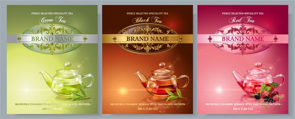برگ سبز سیاه و قرمز آگهی چای با برگ چای قاشق چای و انواع توت ها طراحی برای بسته بندی نوشیدنی ها و محصولات چای فقط فونت های رایگان استفاده می شود نام قلم موجود در لایه ها