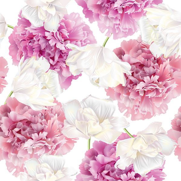 الگوی گلدار بدون درز با گل صد تومانی صورتی و گل لاله های سفید در زمینه سفید طراحی رمانتیک برای لوازم آرایشی طبیعی عطر محصولات زنانه می تواند به عنوان کارت تبریک و یا پس زمینه عروسی استفاده می شود