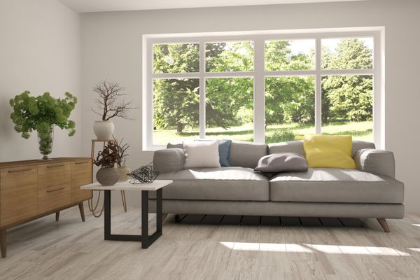اتاق سفید با مبل و چشم انداز سبز در پنجره طراحی داخلی اسکاندیناوی تصویر 3D
