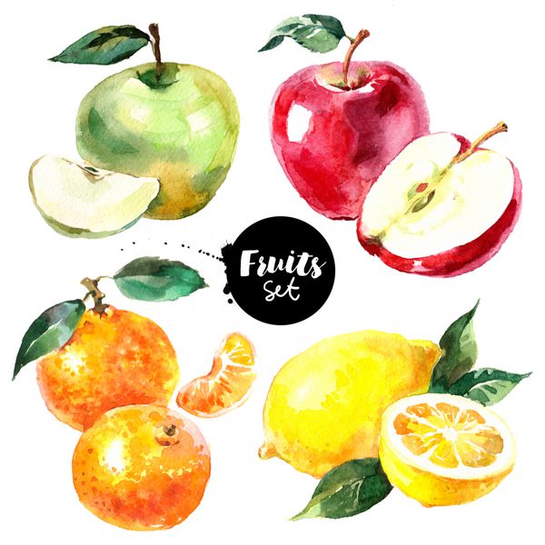 آبرنگ لیمو نارنگی میوه های سیب و سبزیجات مجموعه نقاشی شده جدا شده طبیعی آلی تازه مواد غذایی مواد غذایی در پس زمینه سفید