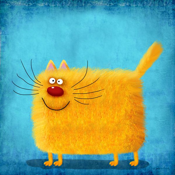 یک گربه پر زرق و برق ناز با سوزن های طولانی و دم کوتاه که لبخند زده و ایستاده در پس زمینه آبی رنگ شیب دار