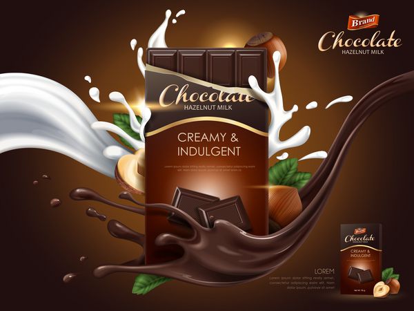 شکلات آجری فندق با عناصر جریان شیر و کاکائو پس زمینه قهوه ای تصویر 3d