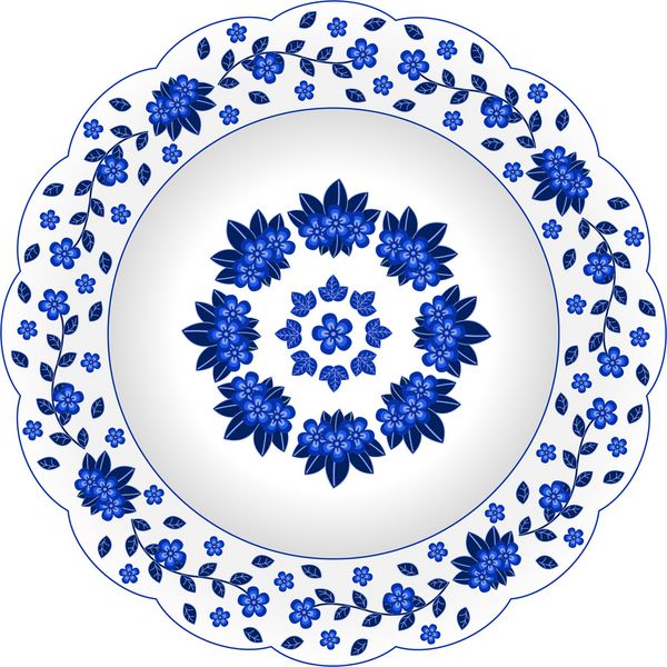 بشقاب چینی تزئینی با طرح گل سنتی آبی تزیین شده است تزئین شده به سبک روسی Gzhel با گل و برگ تصویر برداری