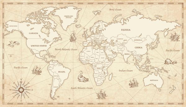 نقاشی جزئیات دقیق نقشه جهان در سبک پرنعمت با تمام مرزهای کشور و نام ها در پس زمینه پیراهن قدیمی است