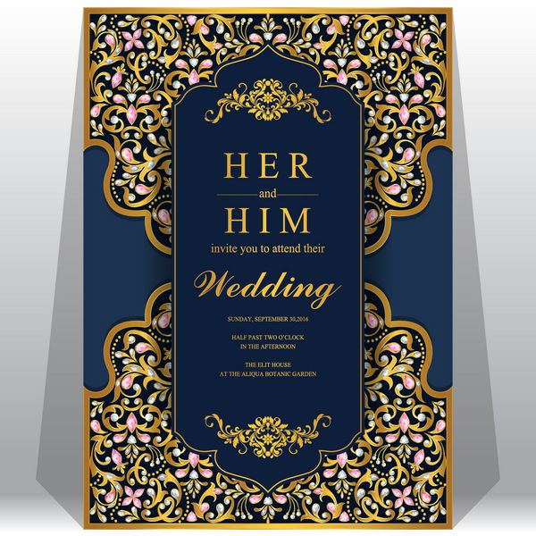 الگو کارت دعوت عروسی با الگوی طلا و کریستال بر روی رنگ کاغذ