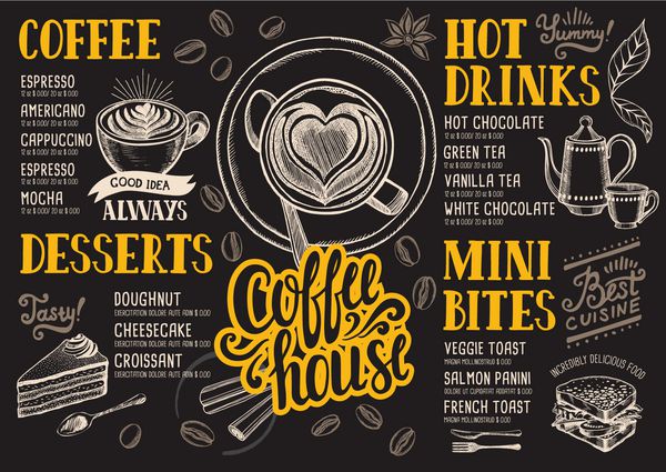 منوی قهوه برای رستوران و کافه قالب طراحی با عناصر گرافیکی دست در سبک دودل