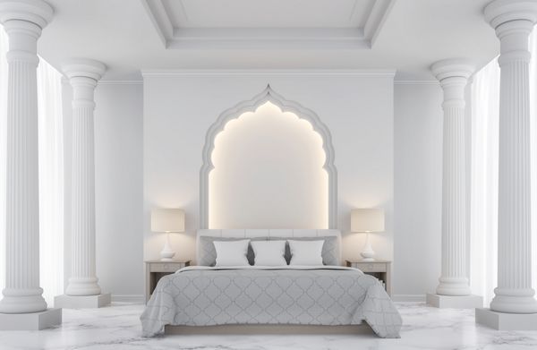 اتاق خواب لوکس سفید 3D تصویر رندر با تزئینات سبک هندوانه ستون درونی کف مرمر سفید و نور گرم مخفی تزئین شده