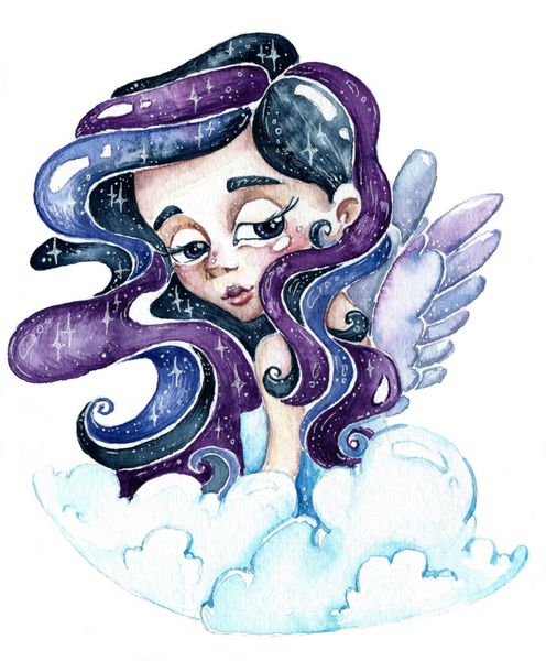 دختر فرشته با موهای فضایی در آسمان آبرنگ