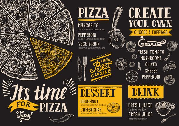 منو غذای پیتزا برای رستوران و کافه قالب طراحی با عناصر گرافیکی دست در سبک دودل