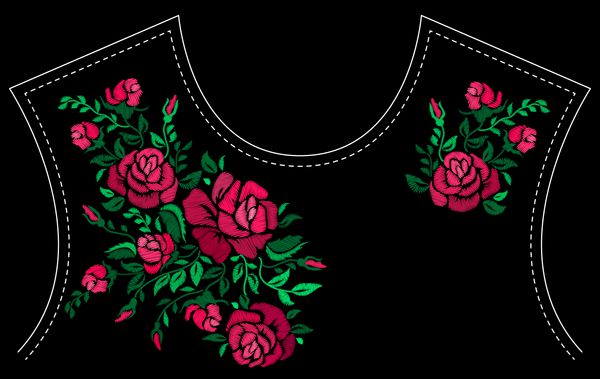 گلدوزی قومی قرمز گل رز گل طراحی برای گردن خط مد ساتن بخیه طناب تزئینی در سیاه و سفید برای پارچه پارچه های تزئینی محلی سنتی تصویر برداری