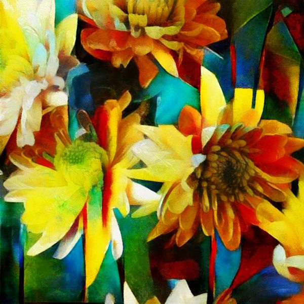 Gerbera و گل داودی خلاصه ترکیب گل در سبک cubist اعداد در روغن بر روی بوم با عناصر نقاشی استیل برای داخلی و هدیه