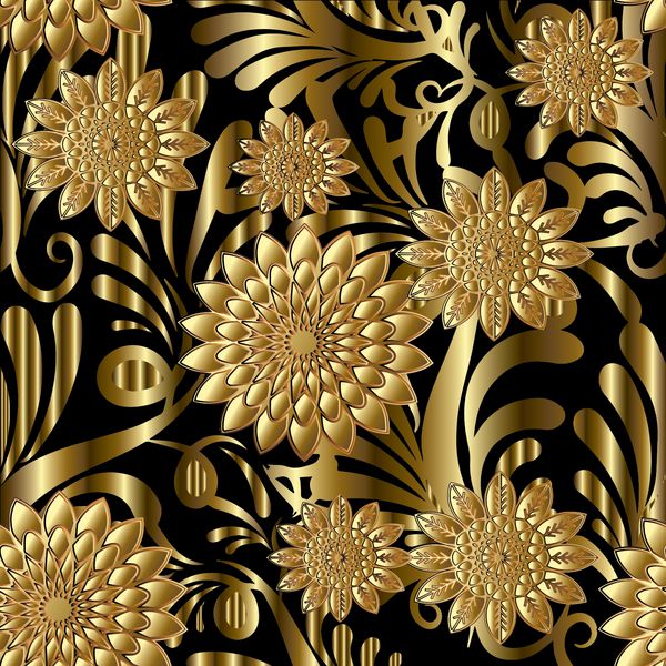 گل طلایی بدون درز الگوی مدرن گل زمینه سیاه و سفید تصویر زمینه پس زمینه با پرنعمت 3d گل های تزئینی طلا بردار لوکس سلطنتی طلای 3D بافت با سایه ها و برجسته