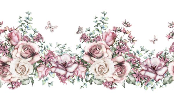 جدا شده مرز بدون درز با گل صورتی برگ الگوی گل گل آبرنگ با برگ و گل رز گیاهان رنگ پاستل لبه گل بدون درز باند برای کارت عروسی و یا پارچه
