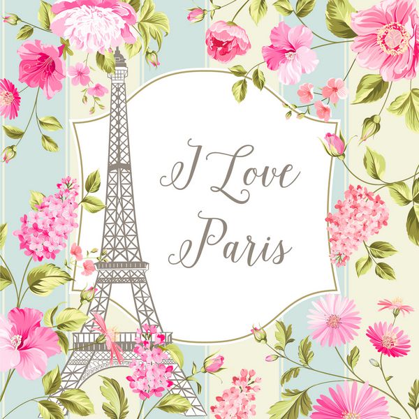 من کارت دعوت پاریس را دوست دارم برج ایفل و الگوی گل های بهار دسته گل بر روی کاشی و پس زمینه تصویر برداری