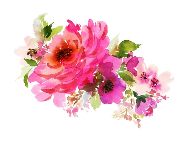 یک دسته گل با گل رز صورتی بزرگ و گل های کوچک در رنگ های روشن ترکیب افقی رنگ آبرنگ