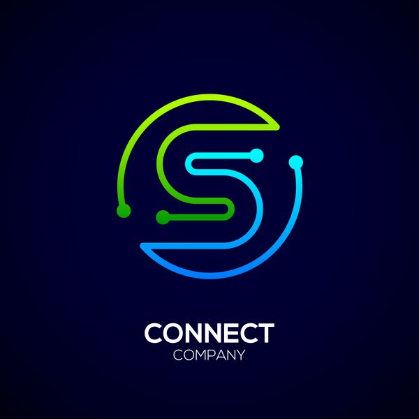 نماد نامه S نماد شکل دایره رنگ سبز و آبی فناوری و اتصال نقطه انتزاعی دیجیتال