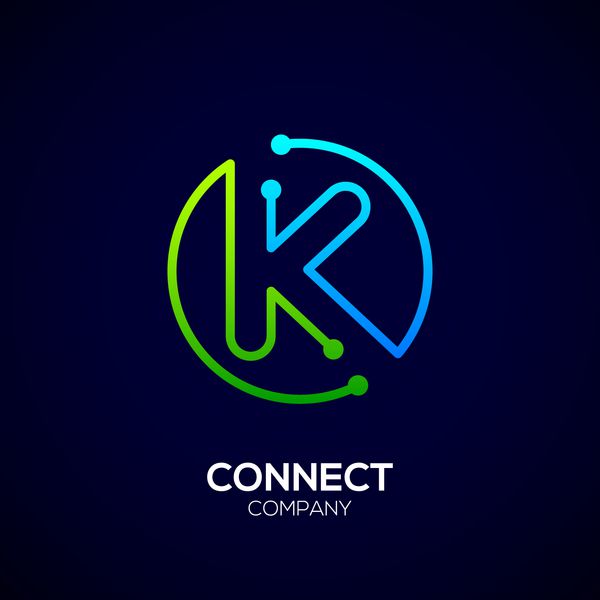 Letter K logo نماد شکل دایره ای رنگ سبز و آبی تکنولوژی و اتصال نقطه انتزاعی دیجیتال