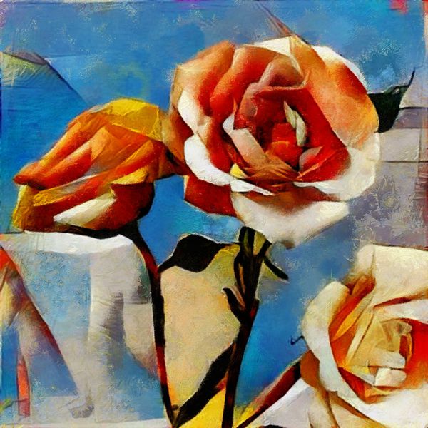 گل سرخ دسته گل های زیبا در یک سبک مدرن و مکعبی از پیکاسو اعدام در روغن بر روی بوم با عناصر نقاشی پاستیل هنرهای زیبا برای هدیه و داخلی