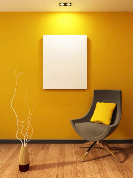 صندلی مدرن و خالی روی دیوار در داخل اتاق پرتقال پارکت چوبی