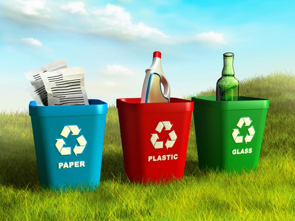 سطل زباله های رنگی مورد استفاده برای بازیافت کاغذ پلاستیک و شیشه است تصویر دیجیتال