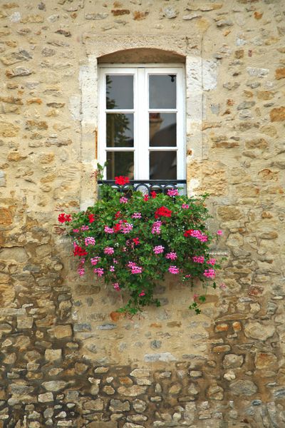 یک سبد گل های صورتی و قرمز روشن در پنجره ای از یک خانه در یک ساختمان باستانی در فرانسه آویزان شده و با الگوهای زیبا در دیوار سنگی احاطه شده است