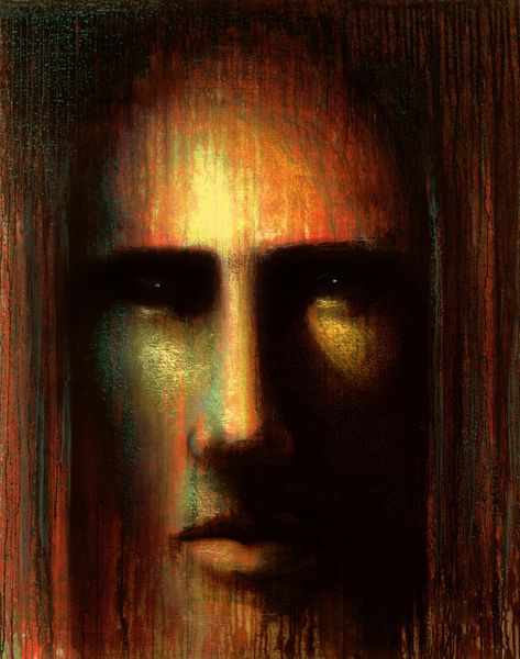 تصویر نقاشی شده توسط من به نام ذهن VI آن را نشان می دهد چهره عرفانی جلویی با بیان مدیتیشن در رنگ های گرم است