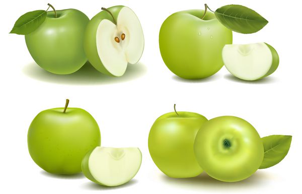 مجموعه ای از سیب های سبز تازه با برگ های سبز بردار